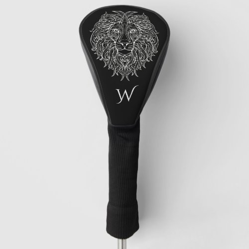Black  White Mandala Lion Head Monogram Initial  Golf Head Cover