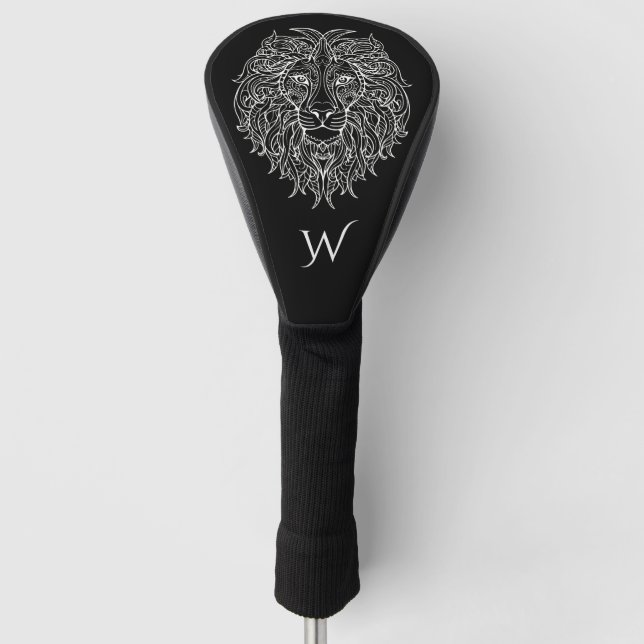 Black & White Mandala Lion Head Monogram Initial  Golf Head Cover (Front)
