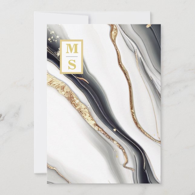 *~  BLACK WHITE Marble Agate AR66 RSVP QR Wedding Invitation (Front)
