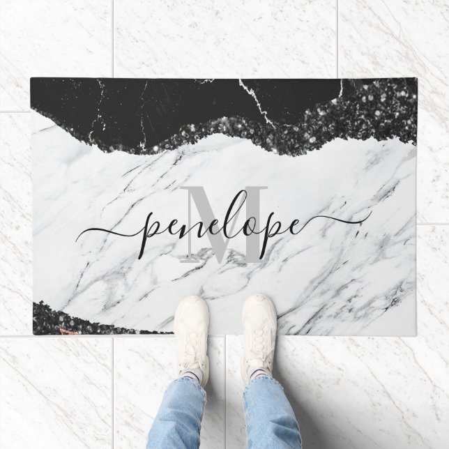 Black White Marble and Glitter Doormat (Indoor)