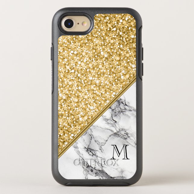 Black White Marble And Gold Glitter Otterbox iPhone Case (Back)