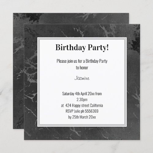 BLACK  WHITE MARBLE BORDER BIRTHDAY PARTY INVITATION