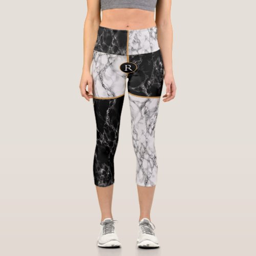 Black White Marble Capri Leggings _ Your Letter