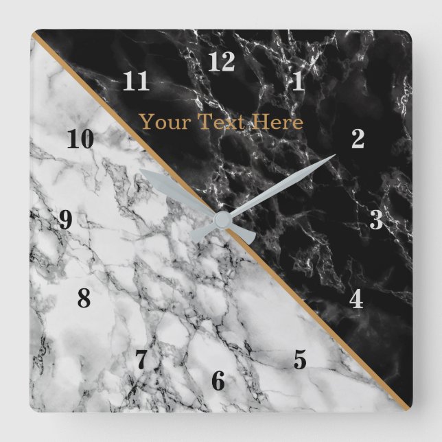 Black White Marble Clock Personalized Text (Front)