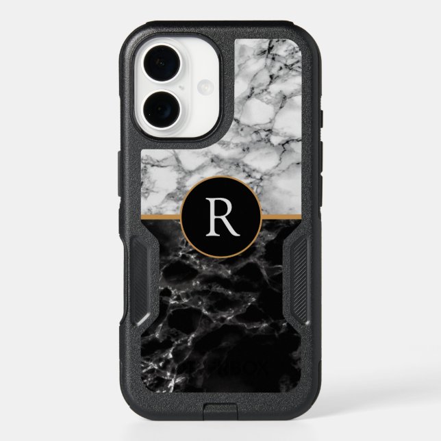 Black White Marble Custom Letter iPhone Case (Back)