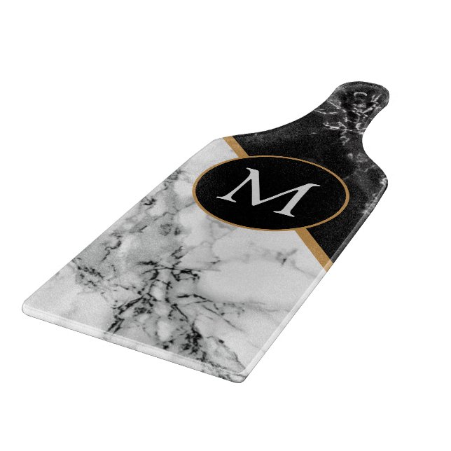 Black White Marble Cutting Board with Your Letter (Corner)