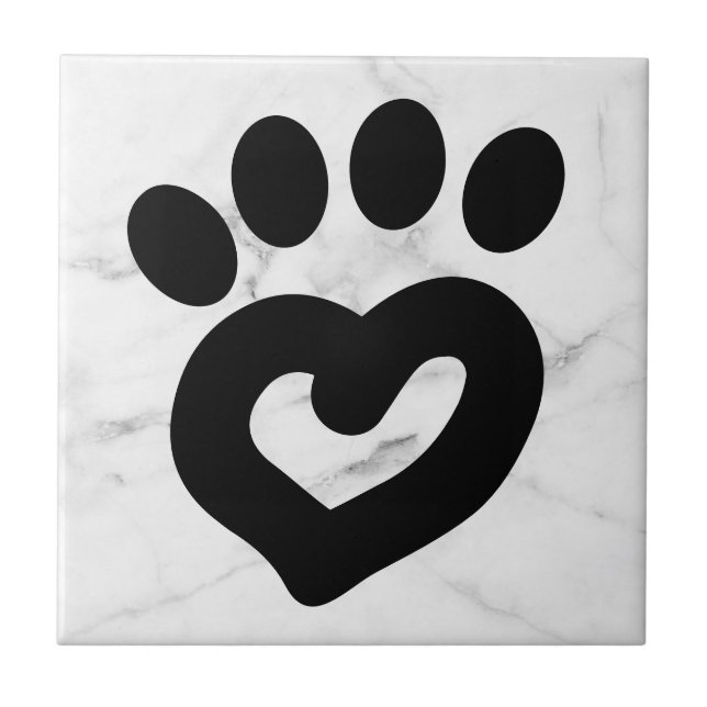 Black & White Marble Dog Heart Paw Print Design Ceramic Tile (Front)