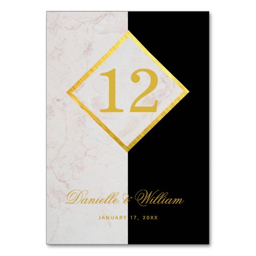 Black White Marble Faux Gold Elegant Wedding Table Number