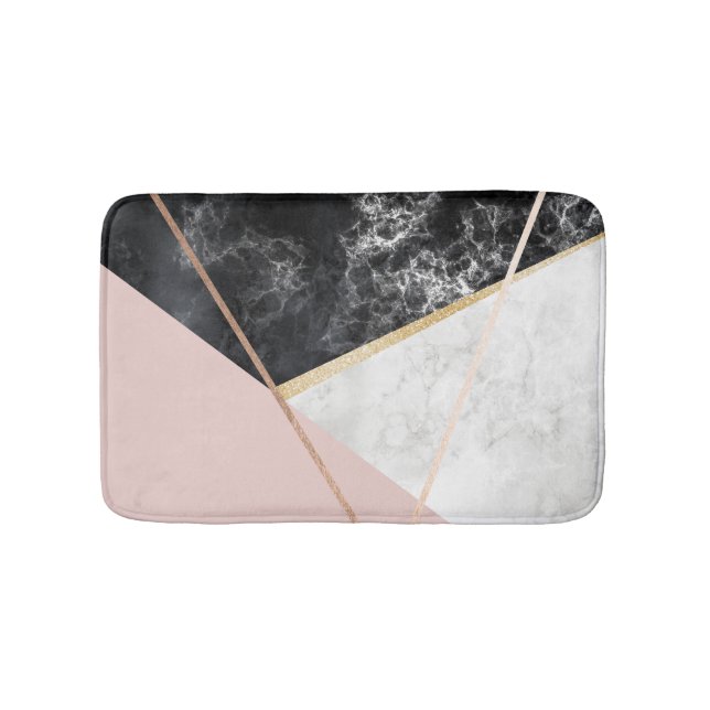 Black White Marble Geometric Blush Pink Rose Gold Bath Mat (Front)