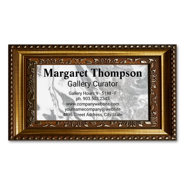 Black White Marble | Gold Decorative Frame Business Card Magnet (Front)