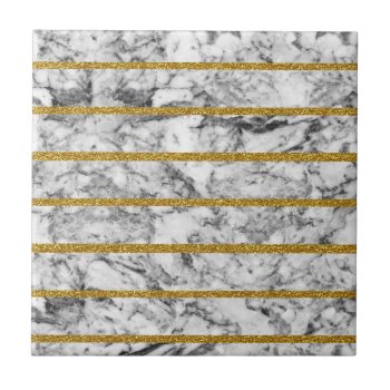 Black White Marble Gold Glitter Effect Stripes Tile by pink_water at Zazzle