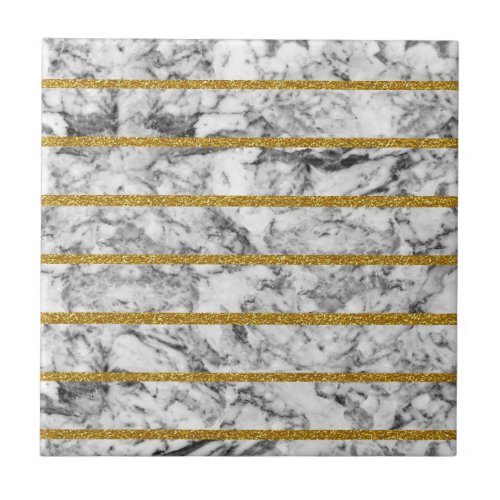 Black white marble gold glitter effect stripes tile