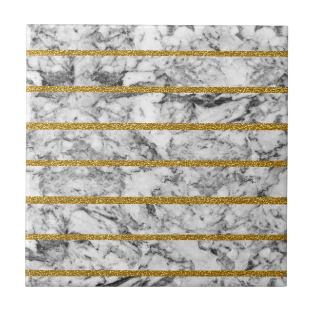 Black white marble gold glitter effect stripes tile (Front)