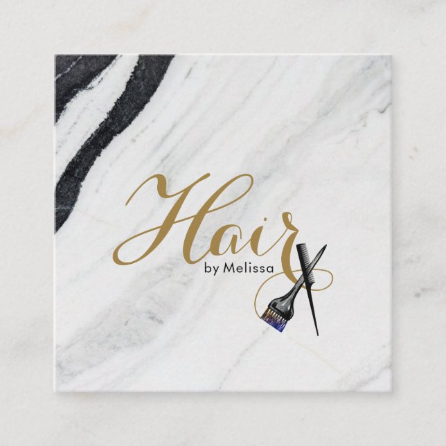 Black & White Marble Gold Hair By Name QR Code Square Business Card (Front)