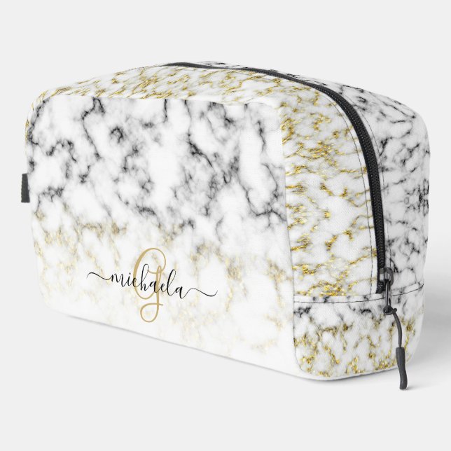 Black white marble gold sparkle bling Monogram Dopp Kit (Right Corner)