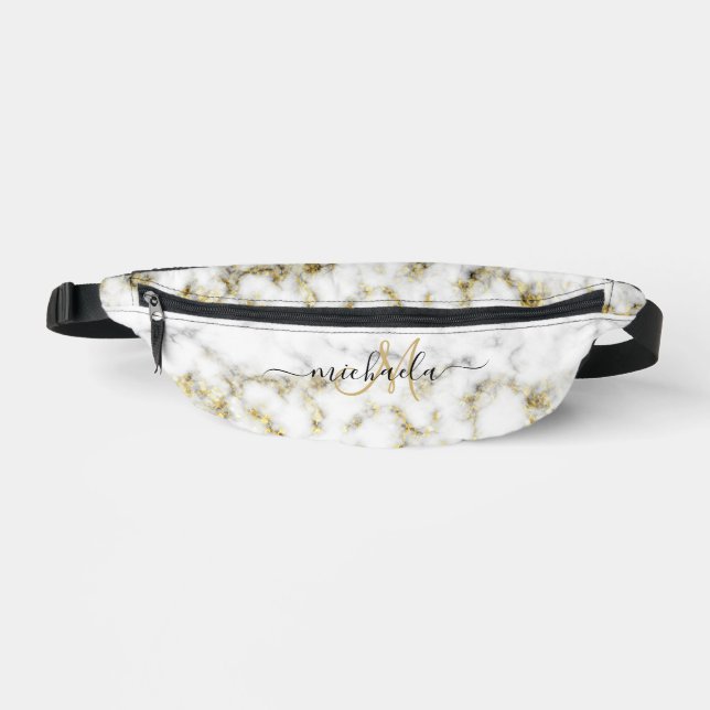 Black white marble gold sparkle bling Monogram Fanny Pack (Front)