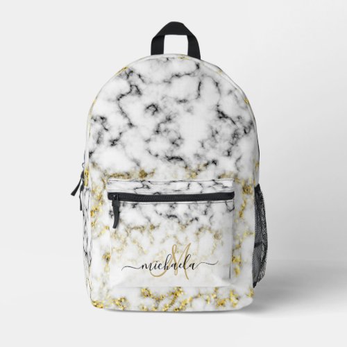 Black white marble gold sparkle bling Monogram Printed Backpack