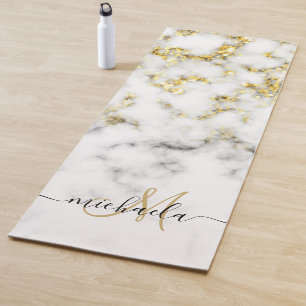 Black white marble gold sparkle bling Monogram Yoga Mat