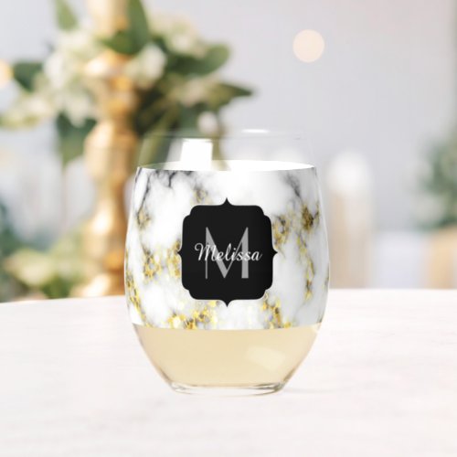 Black white marble gold sparkle Custom Monogram Stemless Wine Glass