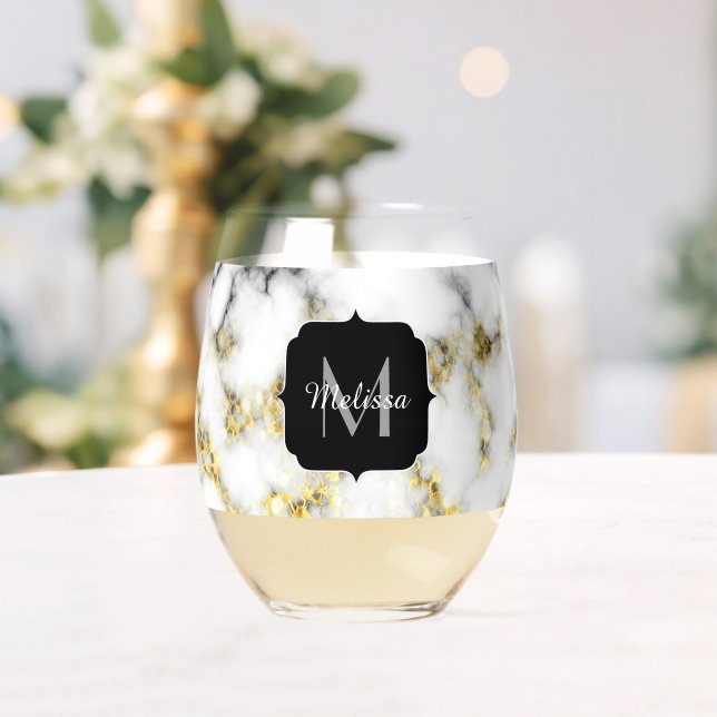 Black white marble gold sparkle Custom Monogram Stemless Wine Glass (Insitu (Wedding))