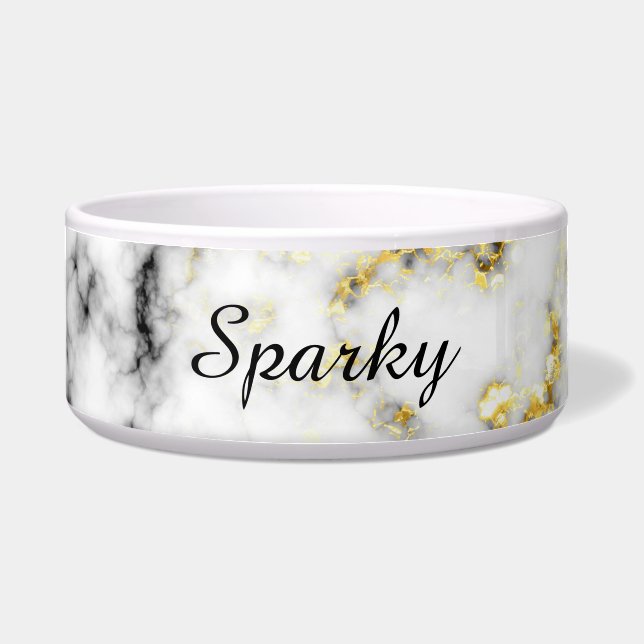 Black white marble gold sparkle flakes Personalize Bowl (Front)