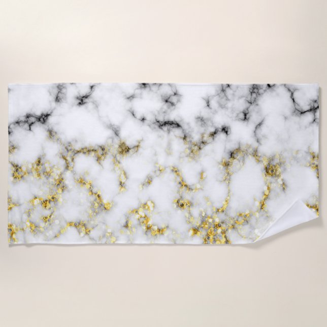 Black white marble gold sparkle flakes texture beach towel (Front)