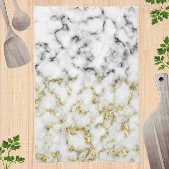 Black White Marble Gold Sparkle Flakes Texture Kitchen Towel by PLdesign at Zazzle