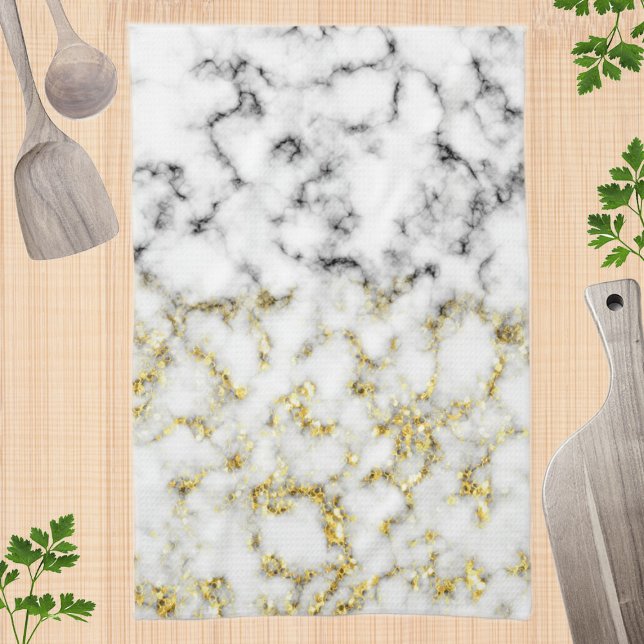 Black white marble gold sparkle flakes texture kitchen towel (Creator Uploaded)