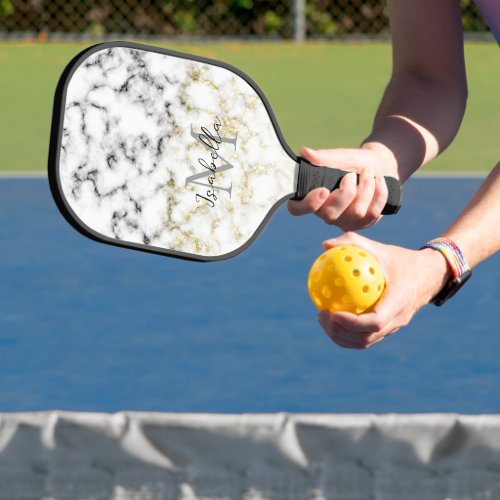 Black white marble gold sparkle glitter Monogram Pickleball Paddle