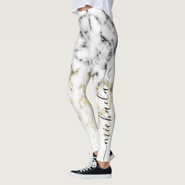Black white marble gold sparkle glitter Your name Leggings (Left)