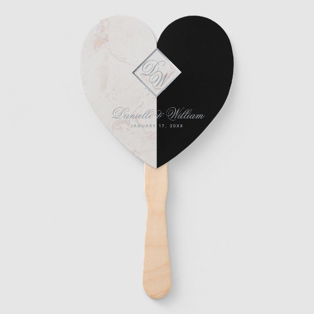 Black White Marble Gray Monogram Wedding Program Hand Fan (Front)