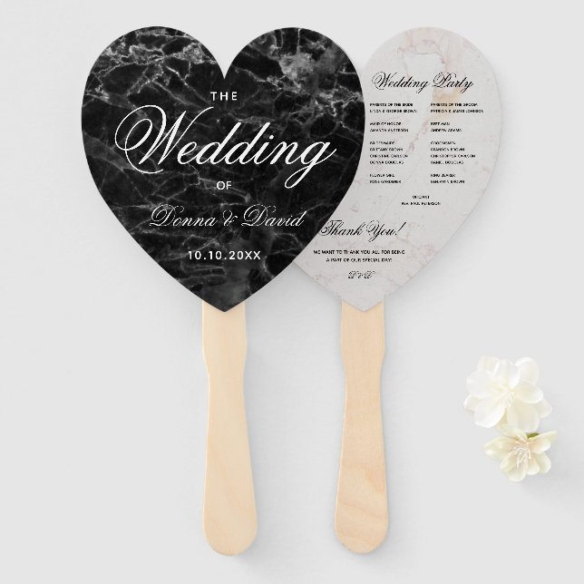 Black White Marble Heart Elegant Wedding Program  Hand Fan (Front and Back)