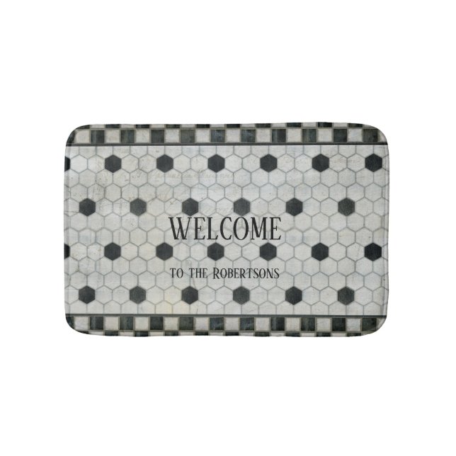 Black White Marble Hexagon Farmhouse Bathroom Bath Mat (Front)