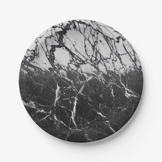 Black & White Marble Modern Glam Trendy Party Paper Plates (Front)