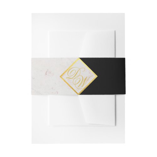 Black White Marble Monogram Faux Gold 2 Initials Invitation Belly Band