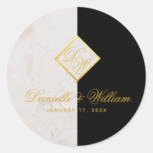 Black White Marble Monogram Gold Elegant Wedding Classic Round Sticker