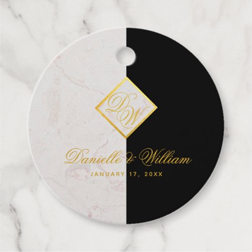 Black White Marble Monogram Gold Elegant Wedding Favor Tags