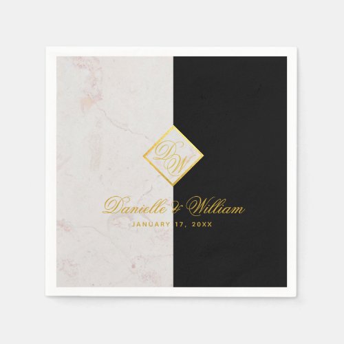 Black White Marble Monogram Gold Elegant Wedding Napkins