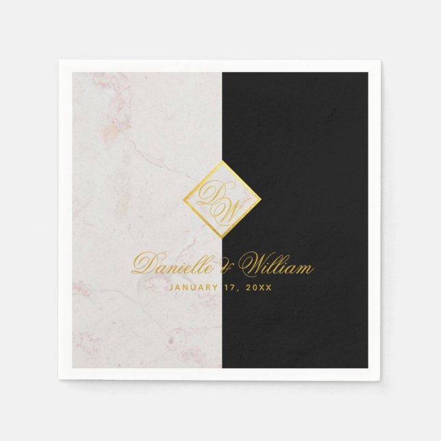 Black White Marble Monogram Gold Elegant Wedding Napkins (Front)