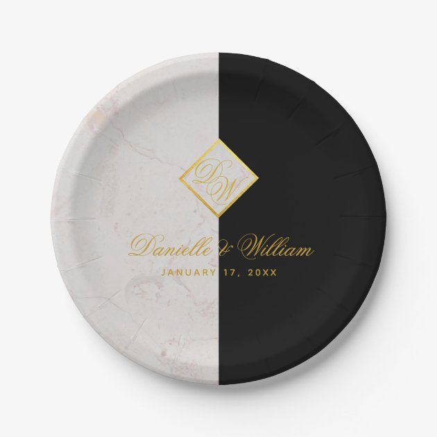 black white and gold paper plates