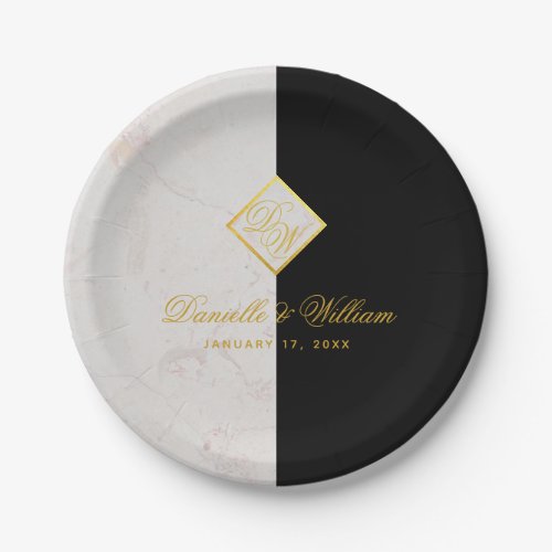 Black White Marble Monogram Gold Elegant Wedding Paper Plates