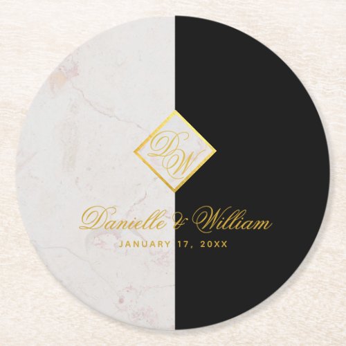 Black White Marble Monogram Gold Elegant Wedding Round Paper Coaster