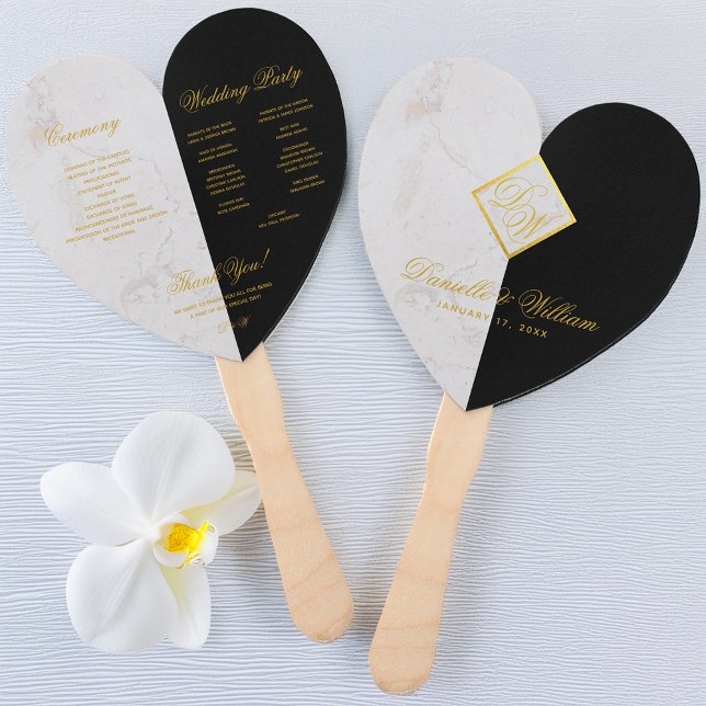 Black White Marble Monogram Heart Wedding Program Hand Fan (Creator Uploaded)