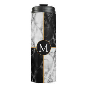 Black White Marble Monogram Letter Thermal Tumbler