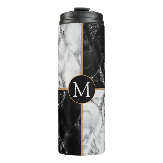 Black White Marble Monogram Letter Thermal Tumbler (Front)