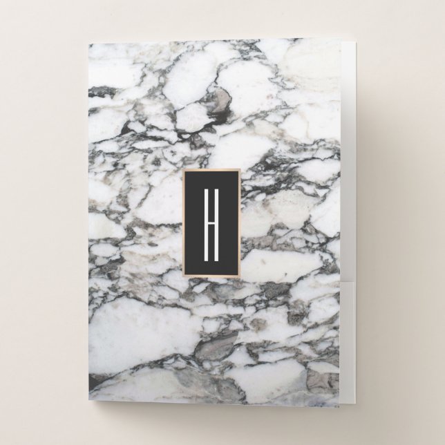 Black White Marble Monogram Pocket Folder (Front)