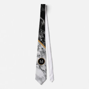 Black White Marble Neck Tie with Custom Letter