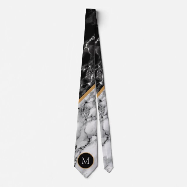 Black White Marble Neck Tie with Custom Letter (Front)