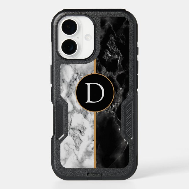 Black White Marble Personalized Letter iPhone Case (Back)