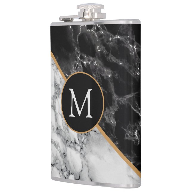 Black White Marble Personalized Monogram Flask (Left)